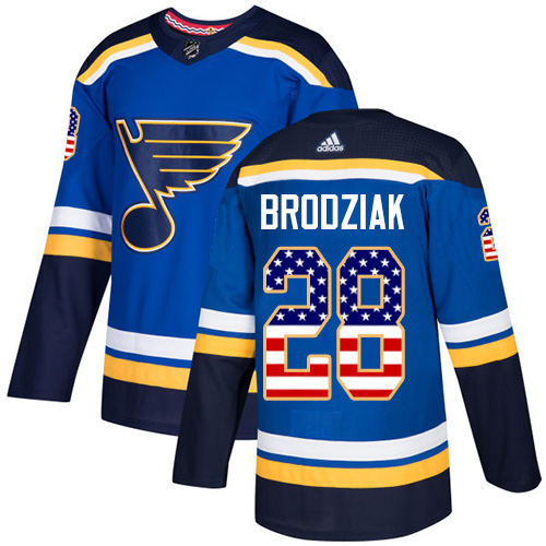 Adidas Blues #28 Kyle Brodziak Blue Home Authentic USA Flag Stitched NHL Jersey